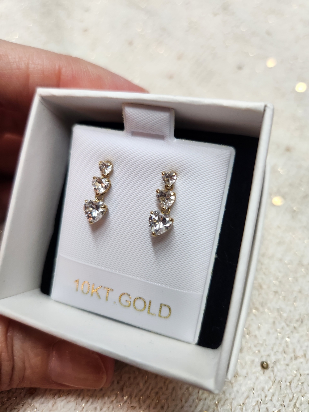10KT Gold Heart Drop Earrings with Clear Stones -  Gold Tone